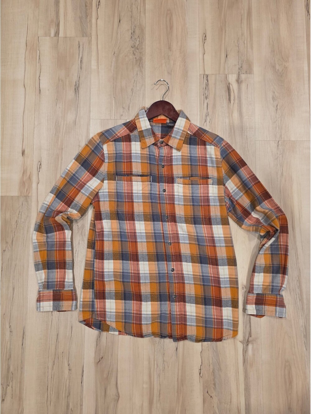 Men's Merrell Orange and Gray Plaid Button-Up Shirt Size Small